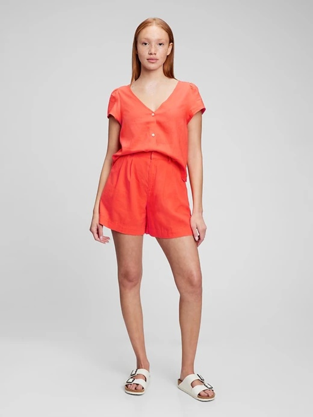 Gap Linen Blend Short Sleeve V-neck Button Up Blouse Women M Tall Coral Orange